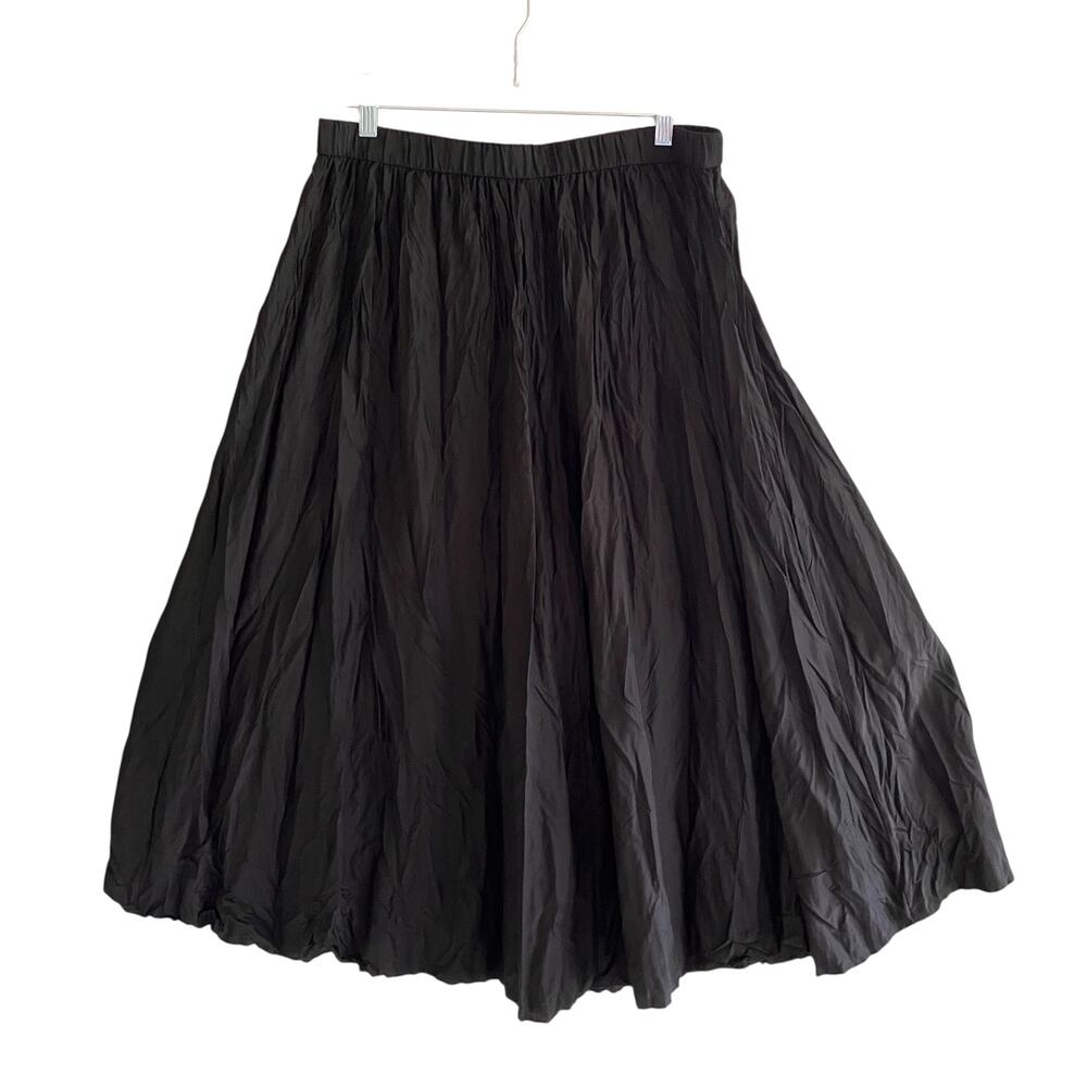 Eileen Fisher 100% Silk Black Crinkle Midi Skirt Classic Goth Witchy M